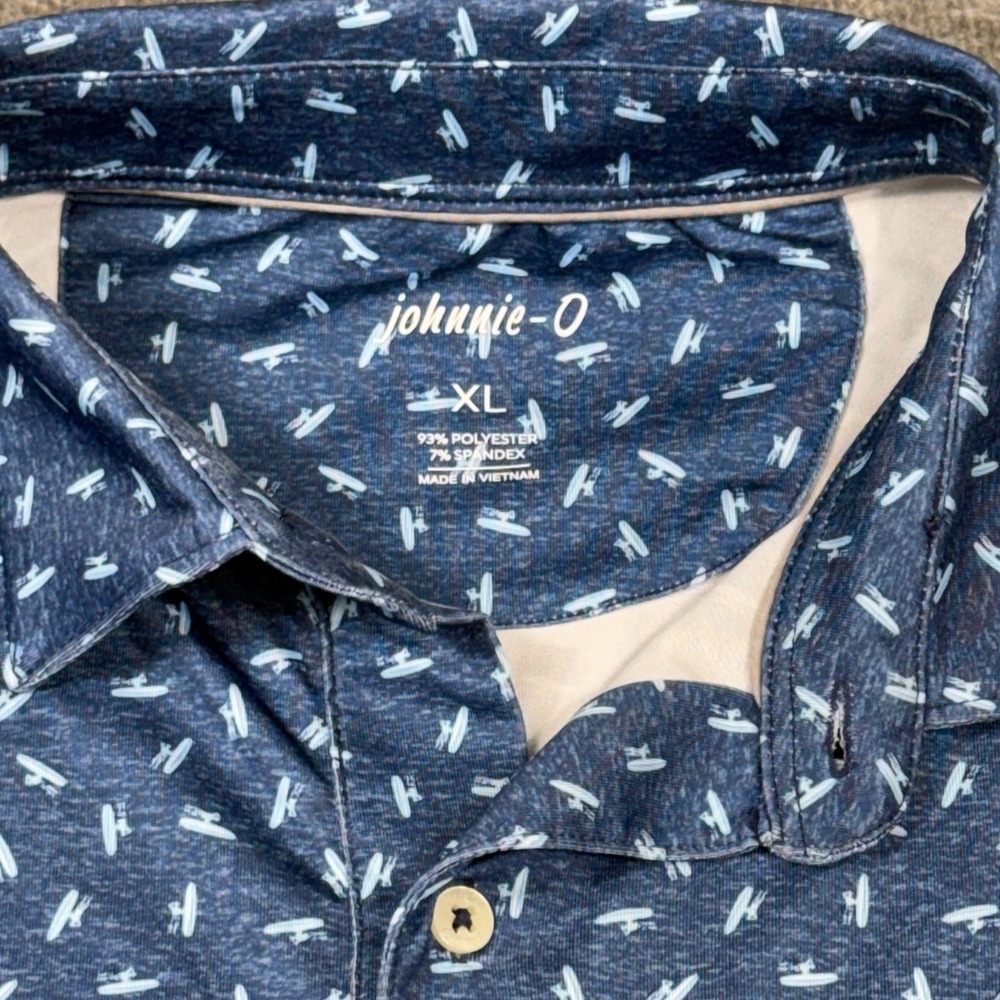 Johnnie O Performance Polo Mens XL Golf Lake Blue Allover Surfboard Print Titus - Picture 2 of 9